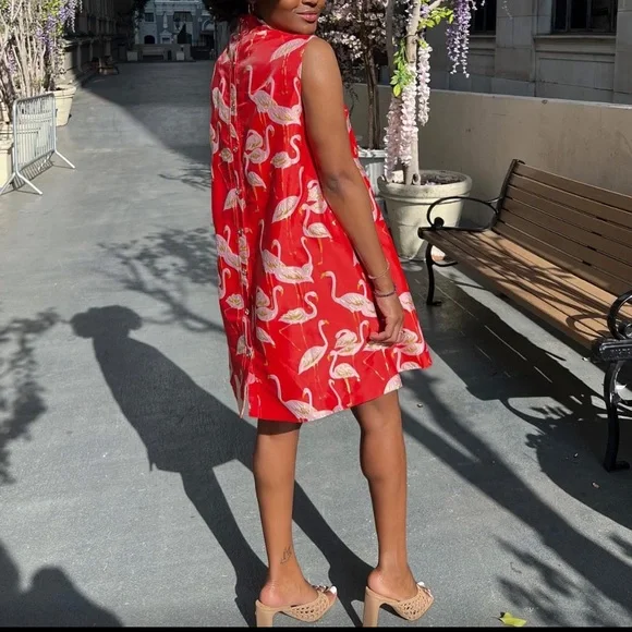Flamingo Print Red Mini Dress Back Buttons Gold Accents Buru NWT - Picture 8 of 9